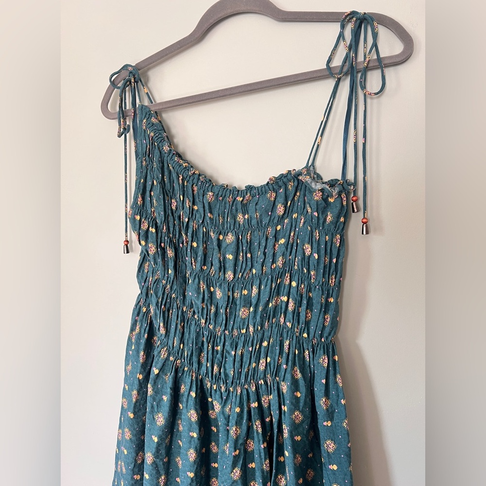 Free People Clementina Ruched Asymmetrical Floral Mini Dress Teal Size XS fits M - Picture 9 of 11